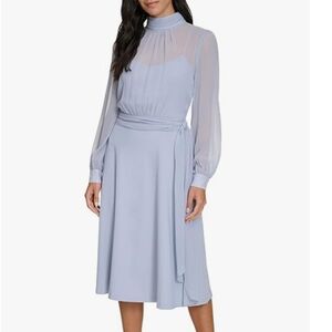 Calvin Klein Slate Pleated Bodice Long Sleeve Midi Dress